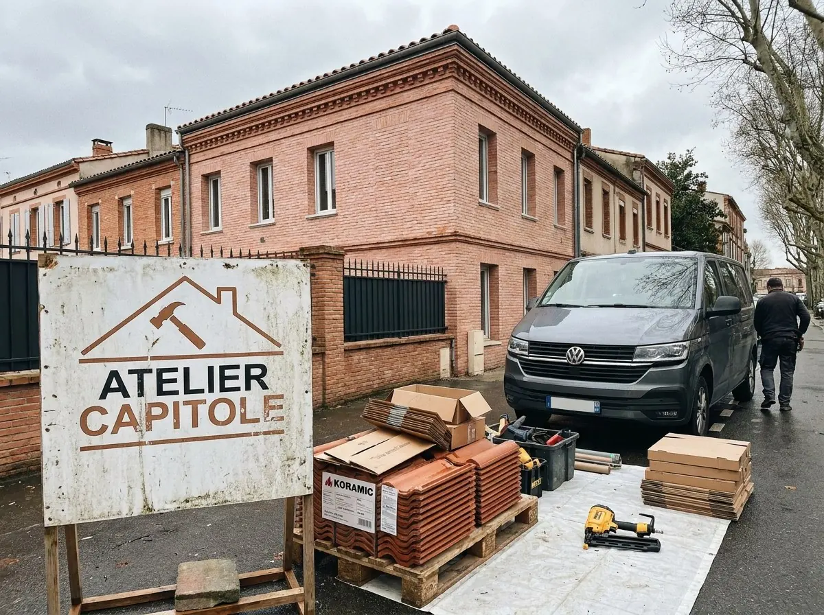 Chantier de couverture terminé sur une maison de brique rose à Toulouse, panneau Atelier Capitole, tuiles neuves sur palette
