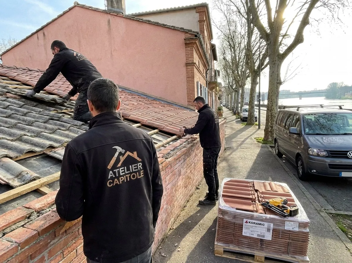 Couvreurs d'Atelier Capitole Toitures reprenant une couverture en tuiles sur un mur de brique au bord de la Garonne à Toulouse